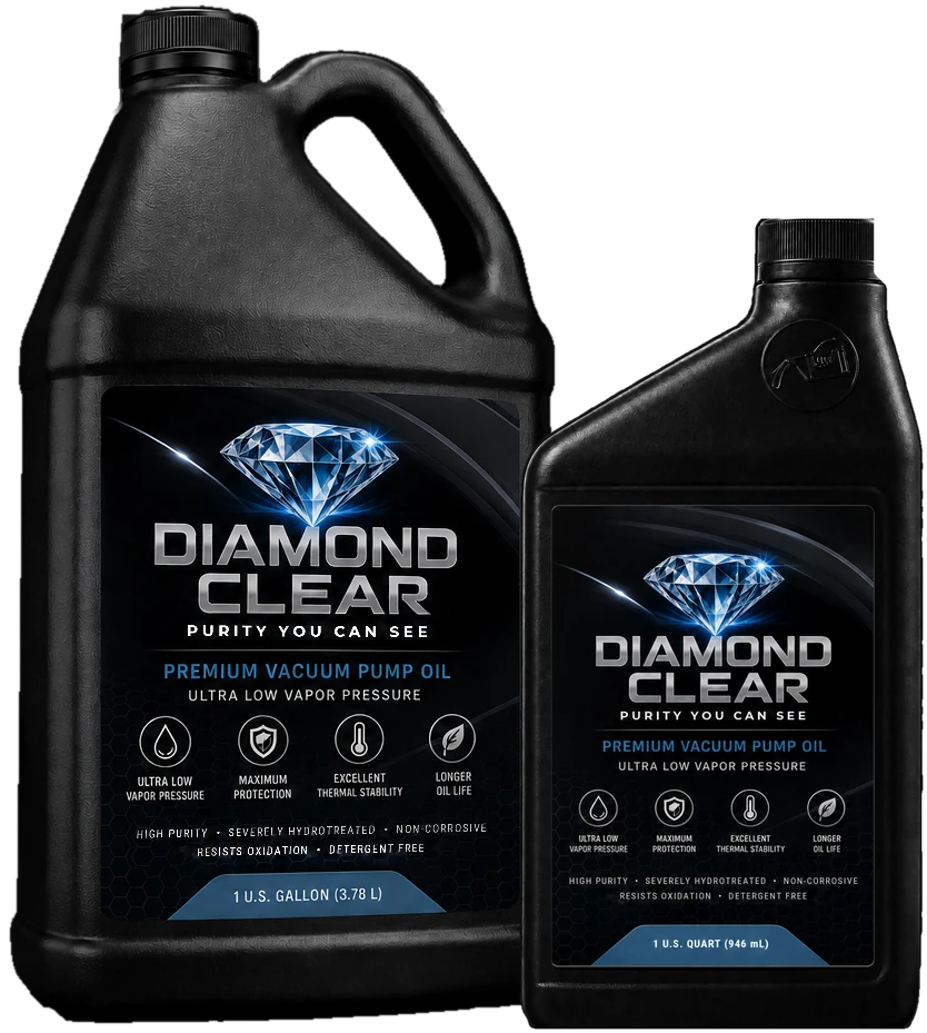 Diamond Clear Premium Vacuum Pump Oil in 1 U.S. gallon and 1 U.S. quart black bottles